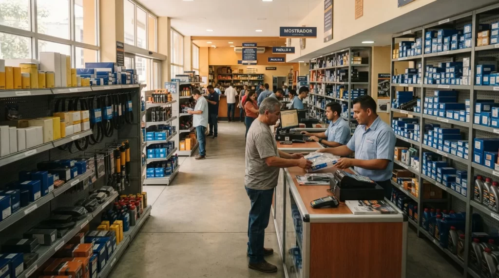 Tienda de repuestos automotrices en Venezuela con estanterías de piezas para carros chinos
