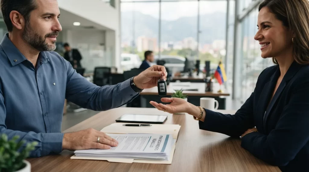 Manos entregando las llaves de un carro nuevo junto a documentos de financiamiento, crédito CrediAuto del Banco de Venezuela