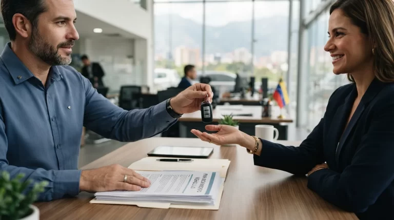 Manos entregando las llaves de un carro nuevo junto a documentos de financiamiento, crédito CrediAuto del Banco de Venezuela
