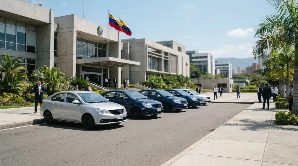 Autos nuevos de fabricación nacional frente a un edificio institucional, programa Venezuela Productiva Automotriz