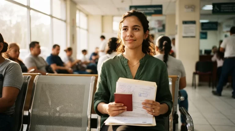 Mujer venezolana esperando con su pasaporte en una oficina migratoria de Mexico: CURP y residencia temporal