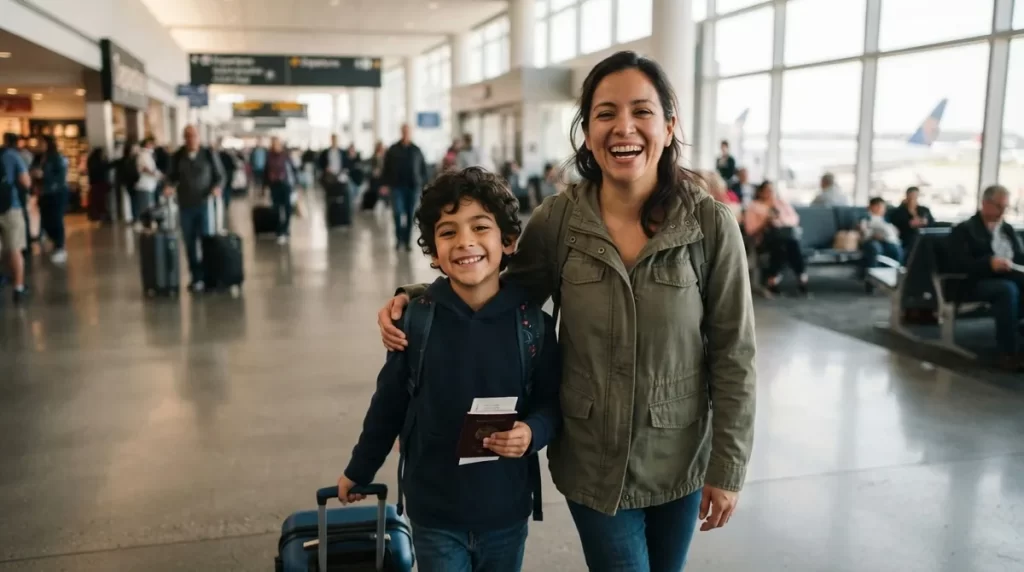 Madre e hijo con pasaporte en el aeropuerto: autorizacion de viaje de menores (SAREN)