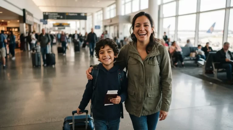 Madre e hijo con pasaporte en el aeropuerto: autorizacion de viaje de menores (SAREN)