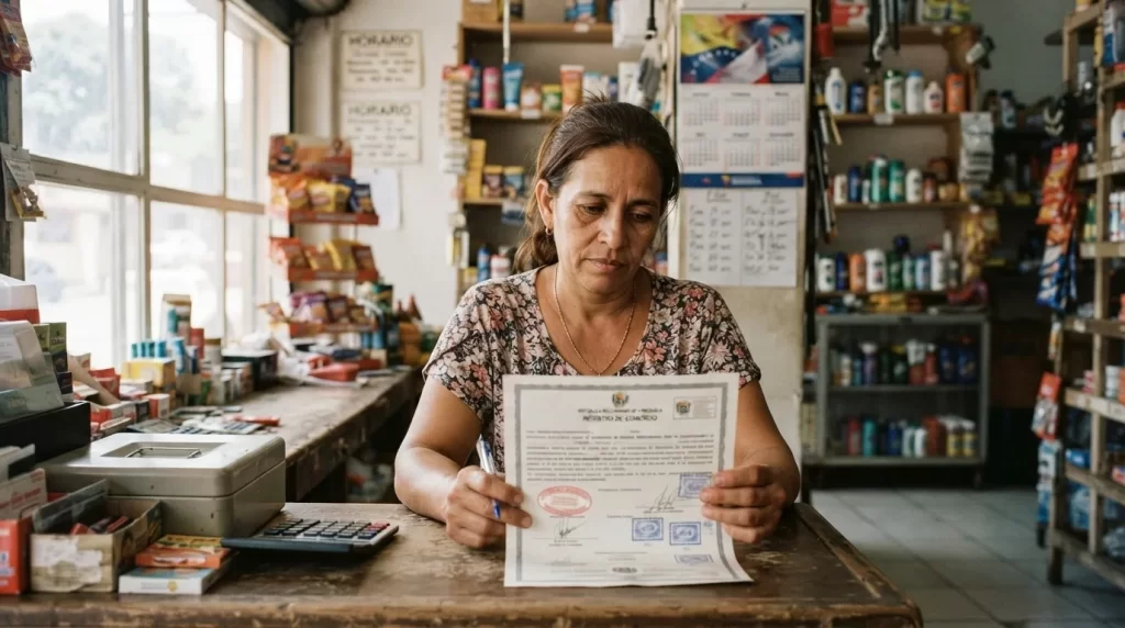 Duena de un abasto revisando un certificado de registro de marca sellado en el mostrador de su tienda: renovacion de registro de marca ante el SAPI