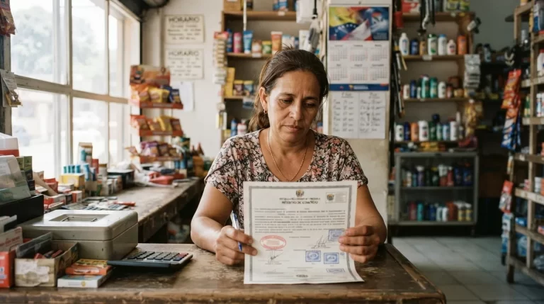 Duena de un abasto revisando un certificado de registro de marca sellado en el mostrador de su tienda: renovacion de registro de marca ante el SAPI
