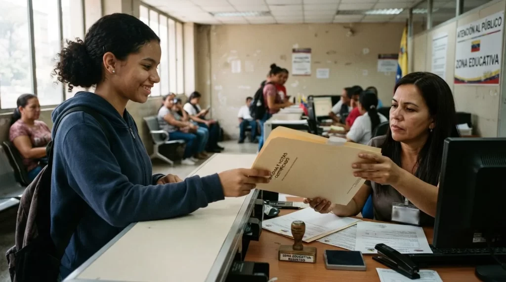 Estudiante entregando su titulo de bachiller y notas certificadas a una funcionaria en la Zona Educativa: legalizacion de notas certificadas de bachillerato en Venezuela