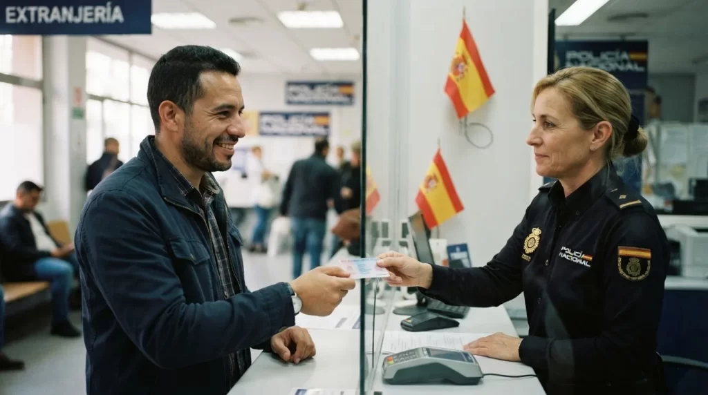 Hombre venezolano recibiendo su tarjeta de residencia de una funcionaria de la Policía Nacional en la Oficina de Extranjeria en Espana: tramite de la TIE