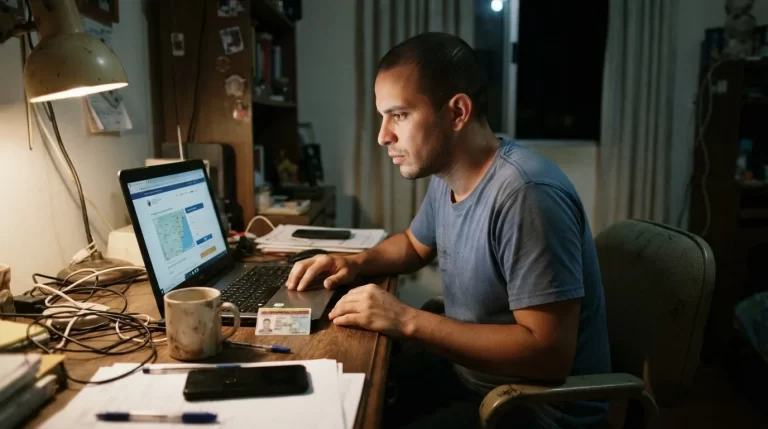 Hombre consultando su centro de votación en una laptop de noche: consulta de datos del elector