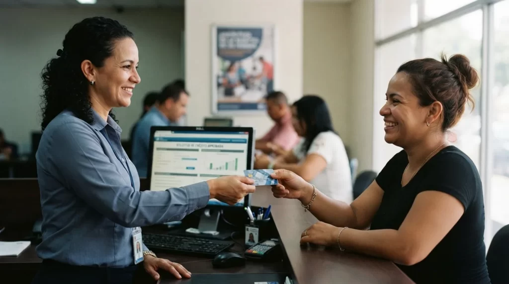 Cajera de banco entregando una tarjeta de credito plastica a una clienta sonriente sobre el mostrador con una pantalla de aprobacion de credito al fondo: solicitud de tarjeta de credito en Venezuela