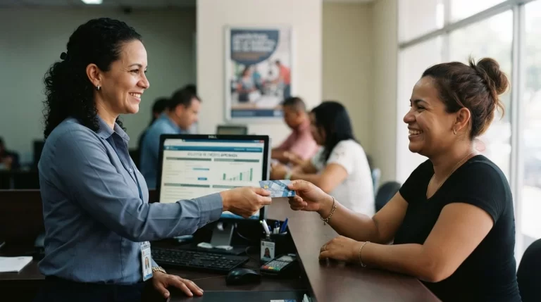 Cajera de banco entregando una tarjeta de credito plastica a una clienta sonriente sobre el mostrador con una pantalla de aprobacion de credito al fondo: solicitud de tarjeta de credito en Venezuela