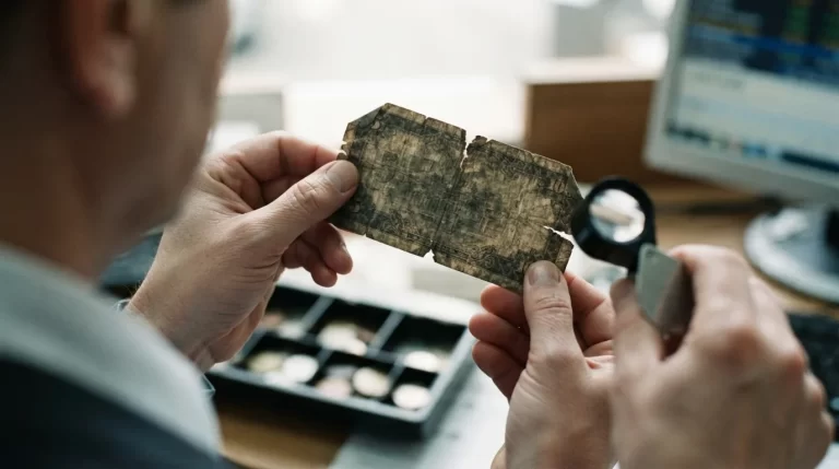 Manos de un cajero examinando con lupa un billete deteriorado y roto en la taquilla de un banco: canje de billetes deteriorados ante el BCV