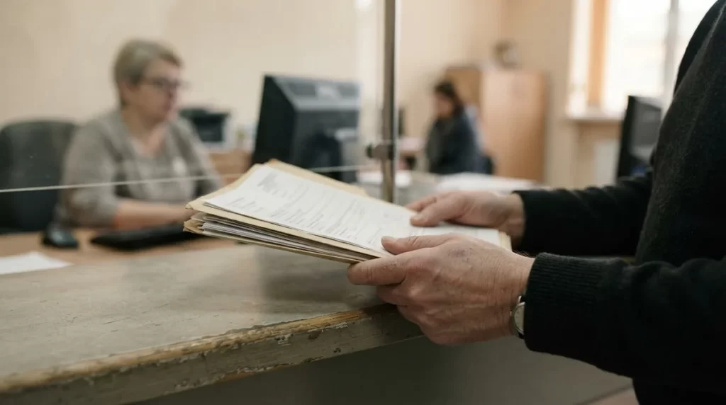 Manos con una carpeta de documentos en un mostrador de registro: acta de defuncion (SAREN)