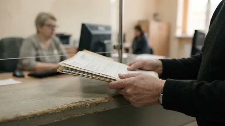 Manos con una carpeta de documentos en un mostrador de registro: acta de defuncion (SAREN)