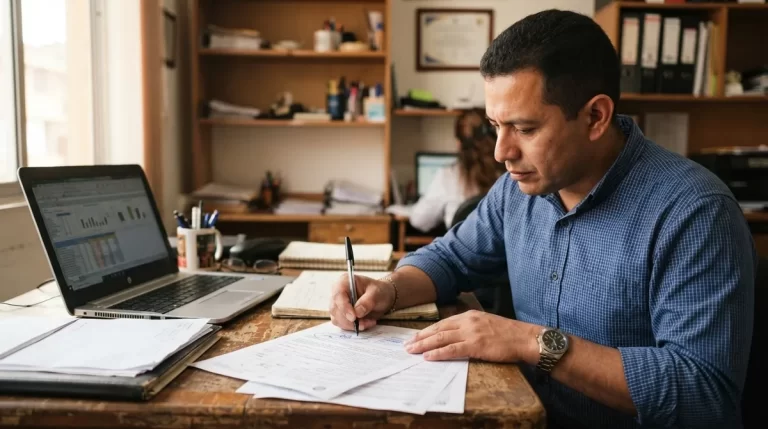 Emprendedor firmando documentos de registro de su empresa: registro mercantil ante el SAREN
