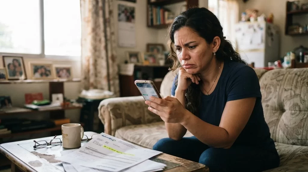 Mujer preocupada revisando su aplicacion de banca movil junto a un estado de cuenta impreso con una linea resaltada: reclamo por consumo no reconocido de tarjeta