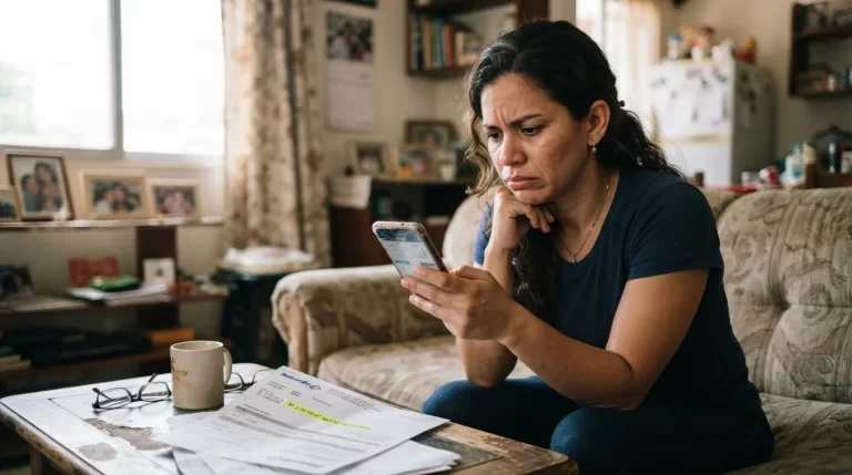 Mujer preocupada revisando su aplicacion de banca movil junto a un estado de cuenta impreso con una linea resaltada: reclamo por consumo no reconocido de tarjeta