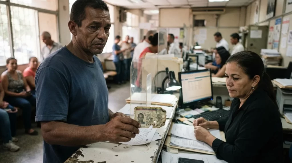 Hombre venezolano muestra un documento de identidad deteriorado a un funcionario: reposicion de cedula por perdida robo o deterioro