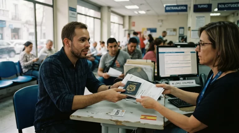 Hombre venezolano entregando su pasaporte y documentos a una funcionaria en una Oficina de Extranjeria en Espana: arraigo social para venezolanos