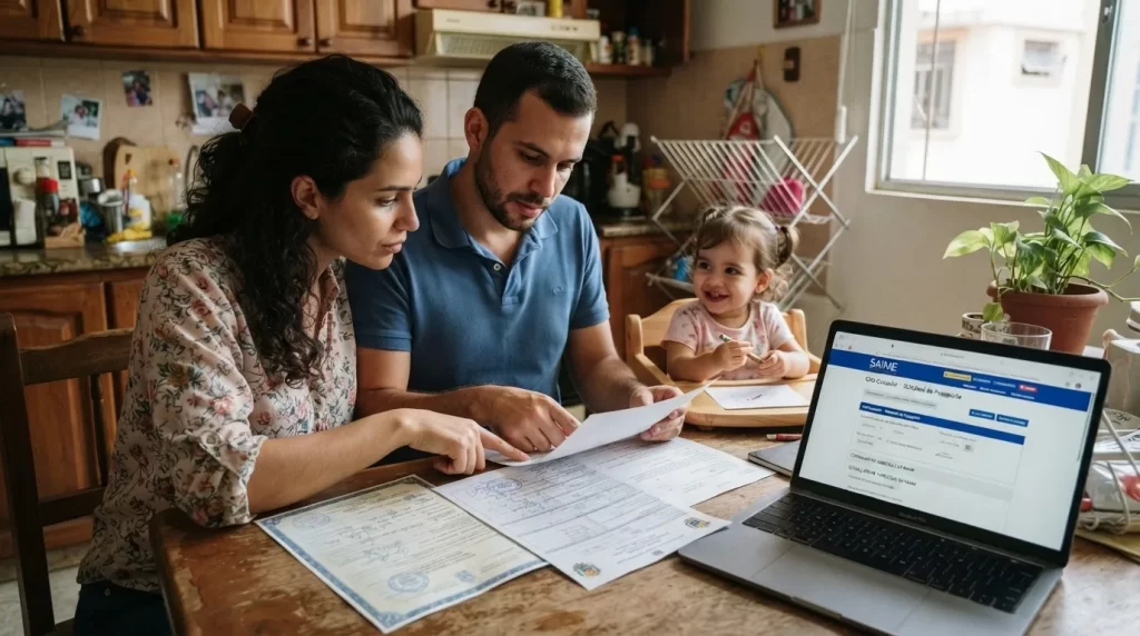 Pareja venezolana revisando el acta de nacimiento de su hija con una laptop mostrando el portal del SAIME en la mesa de la cocina: nacionalidad venezolana para hijos nacidos en el exterior