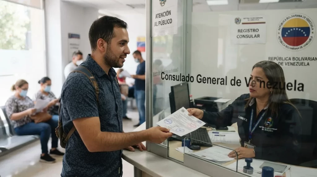 Hombre entregando un documento sellado en la ventanilla de un consulado de Venezuela en el exterior: apostilla y legalizacion desde el exterior