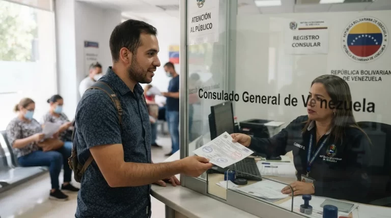Hombre entregando un documento sellado en la ventanilla de un consulado de Venezuela en el exterior: apostilla y legalizacion desde el exterior