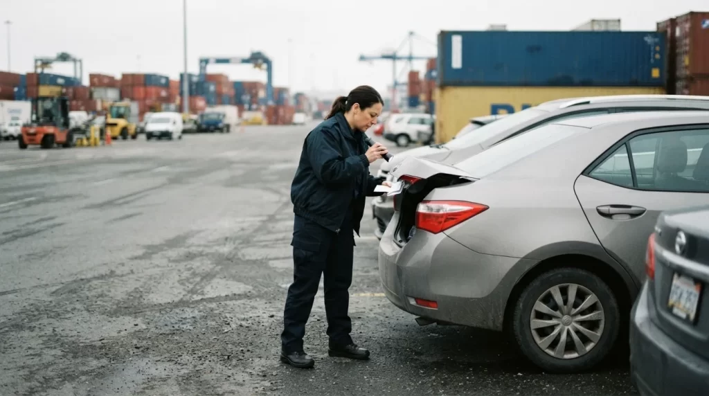 Inspectora de aduana revisa un vehiculo sedan recien descargado en un patio portuario: registro de vehiculos importados ante el INTT