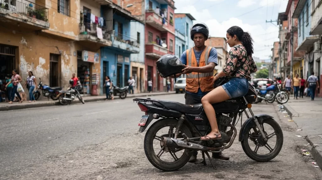 Mototaxista entrega un casco a su pasajera antes de partir en una calle de ciudad: certificacion de mototaxi y placa amarilla