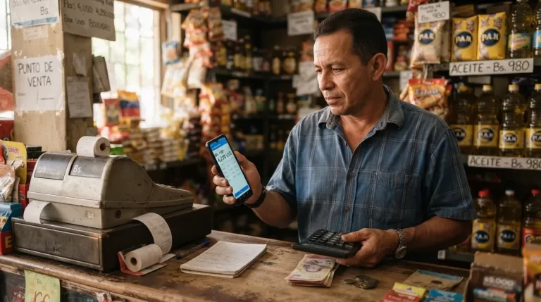 Comerciante revisando la tasa de cambio en su telefono con calculadora y efectivo en su tienda: como consultar la tasa de cambio oficial del BCV