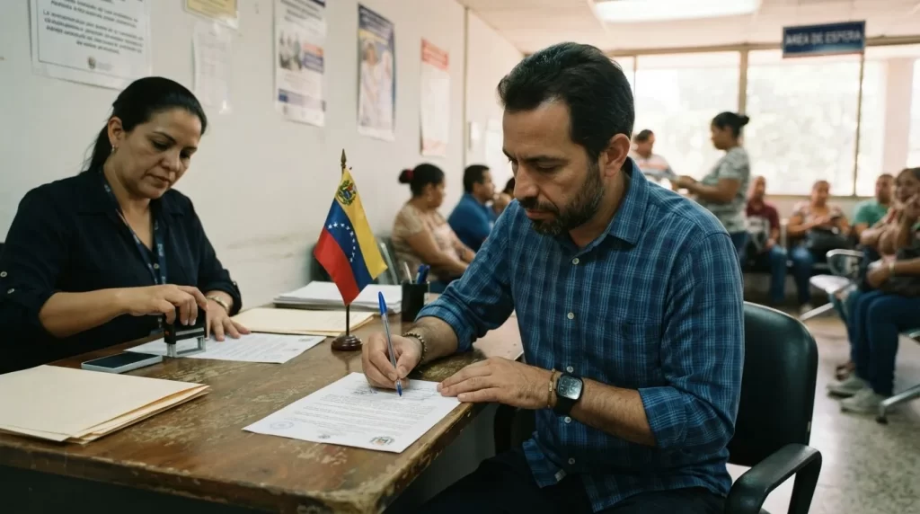 Hombre firmando un documento en el mostrador de un consulado venezolano con la bandera de Venezuela al lado: poder especial en un consulado venezolano en el exterior