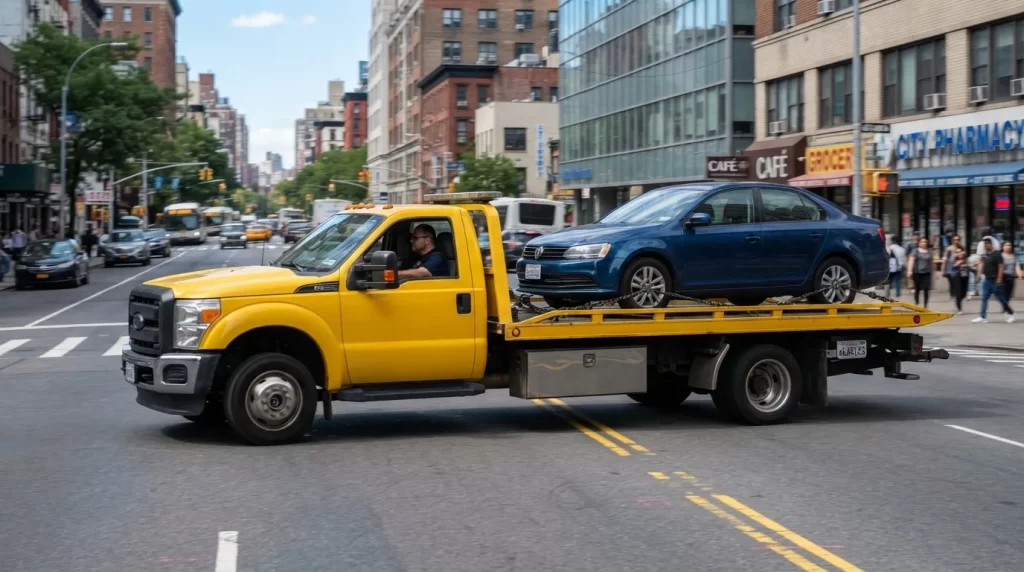 Grua de plataforma amarilla circula por una avenida con un vehiculo cargado: licencia de operacion de gruas y traslado de vehiculos