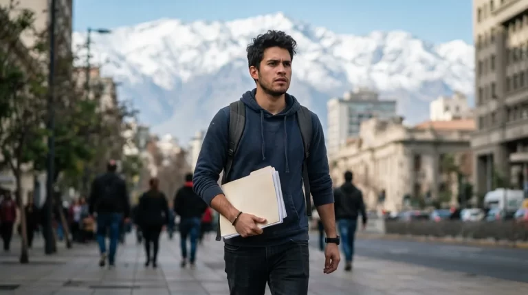 Hombre venezolano caminando con documentos en una calle de Santiago con la cordillera al fondo: residencia temporal en Chile