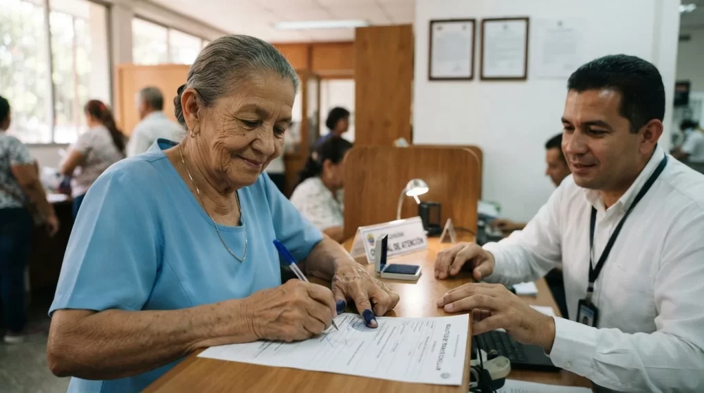 Senora mayor venezolana firma un documento y estampa su huella dactilar ante un funcionario consular: fe de vida IVSS para pensionados en el exterior
