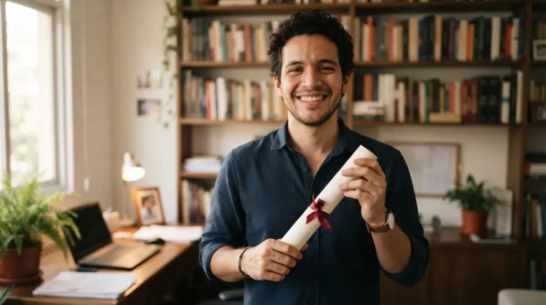 Joven profesional sosteniendo su diploma universitario: legalizacion de titulo por el GTU