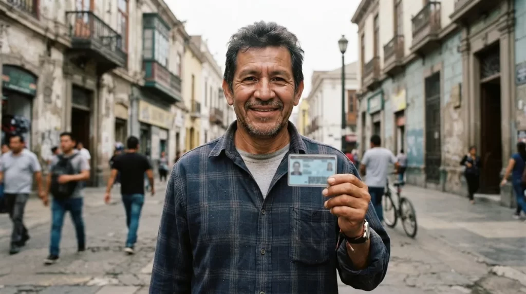 Hombre venezolano mostrando su carnet de identificacion en una calle de Lima: CPP en Peru