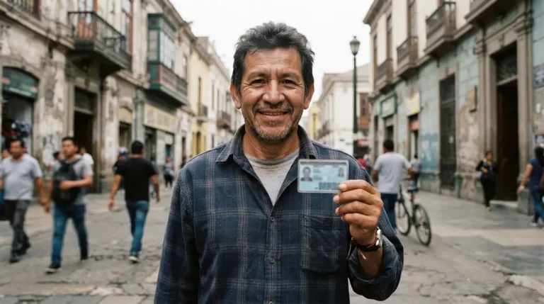 Hombre venezolano mostrando su carnet de identificacion en una calle de Lima: CPP en Peru