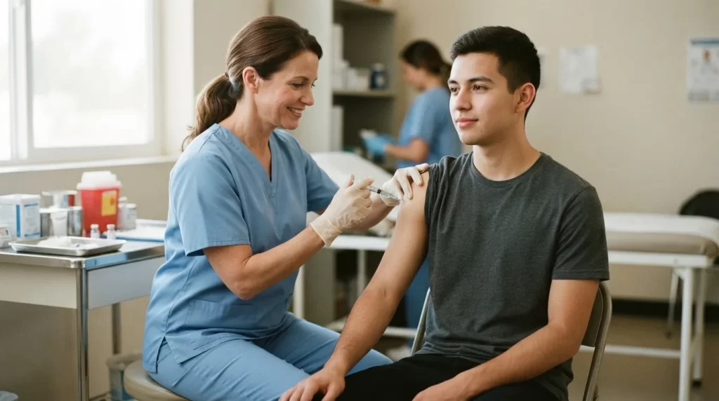 Enfermera aplica una vacuna en el brazo de un hombre joven en un consultorio de salud: certificado internacional de vacunacion fiebre amarilla