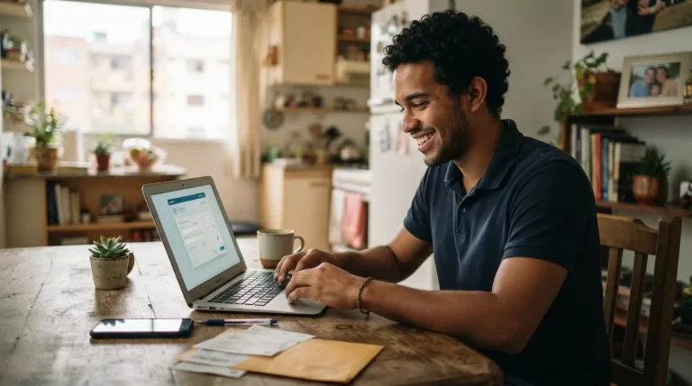 Joven venezolano sonrie mientras paga una factura desde su laptop en la mesa de su casa: consulta y pago de factura CANTV en linea