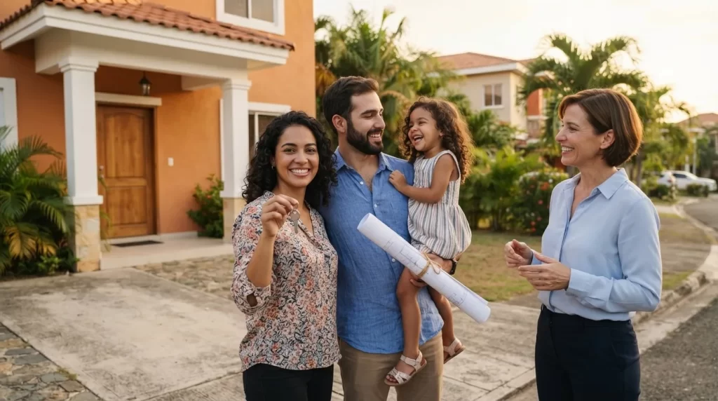 Familia venezolana feliz sosteniendo las llaves y los planos de su nueva vivienda frente a la casa junto a una ejecutiva bancaria: crédito hipotecario FAOV en Venezuela
