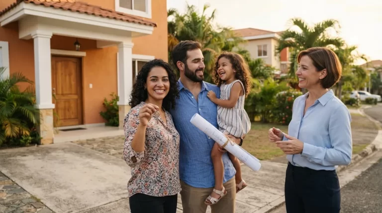 Familia venezolana feliz sosteniendo las llaves y los planos de su nueva vivienda frente a la casa junto a una ejecutiva bancaria: crédito hipotecario FAOV en Venezuela