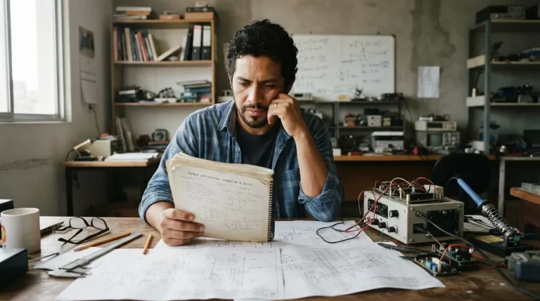 Ingeniero venezolano revisando planos tecnicos y un documento de solicitud de patente junto a un prototipo electronico: registro de patente de invencion ante el SAPI