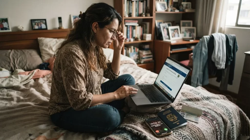 Mujer venezolana usando su laptop en la cama para renovar la visa VIRTE con su pasaporte y cedula ecuatoriana al lado: renovacion de la visa VIRTE en Ecuador