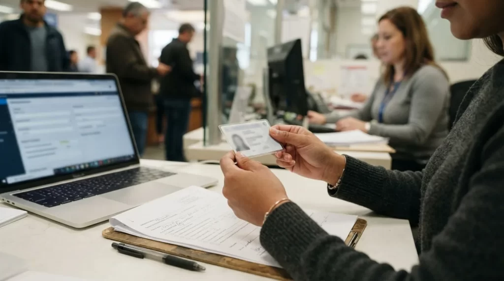 Manos sosteniendo una cedula laminada en una mesa de registro con una laptop