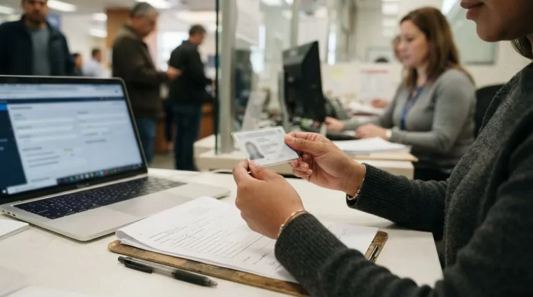 Manos sosteniendo una cedula laminada en una mesa de registro con una laptop