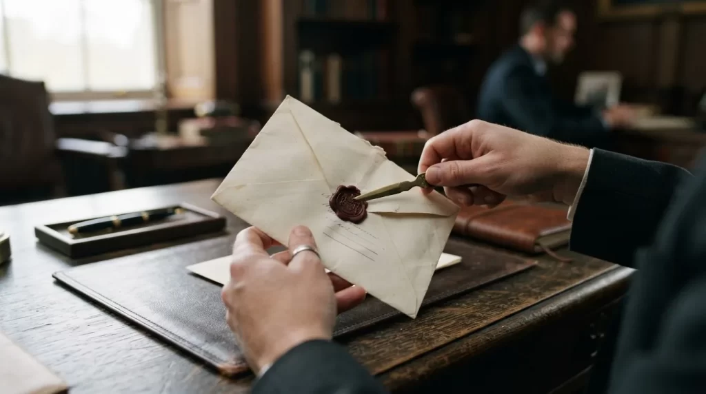 Manos abriendo un sobre sellado con lacre sobre un escritorio de madera