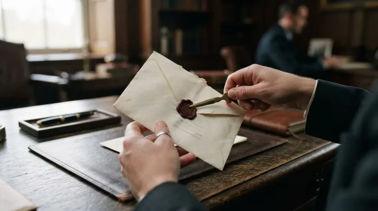 Manos abriendo un sobre sellado con lacre sobre un escritorio de madera