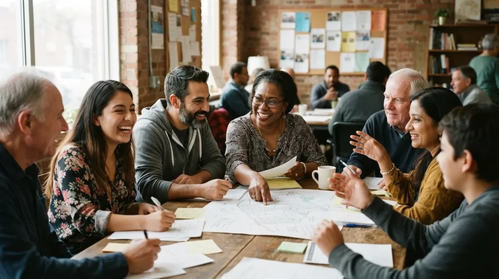Grupo diverso de personas colaborando en una reunion comunitaria alrededor de una mesa