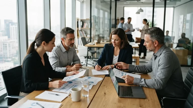 Socios de una empresa revisando estados financieros y firmando documentos en una reunion