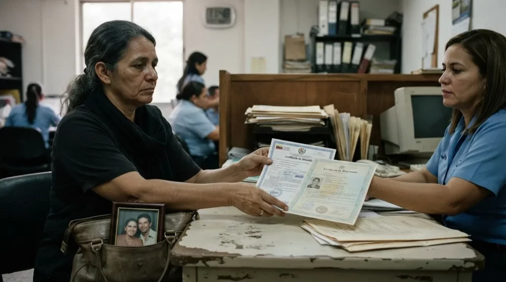 Mujer viuda entregando acta de defuncion y acta de matrimonio a una funcionaria con una foto familiar asomando en su cartera: pension por sobrevivientes del IVSS