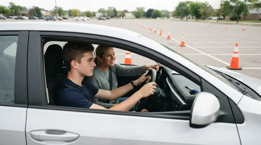 Instructor de manejo guia a un joven estudiante dentro de un circuito con conos de trafico: licencia de operacion de escuela del transporte