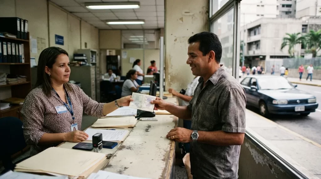 Hombre recibiendo el certificado de registro de vehiculo sellado de una funcionaria en una oficina del INTT con su carro visible por la ventana: liberacion de reserva de dominio en Venezuela
